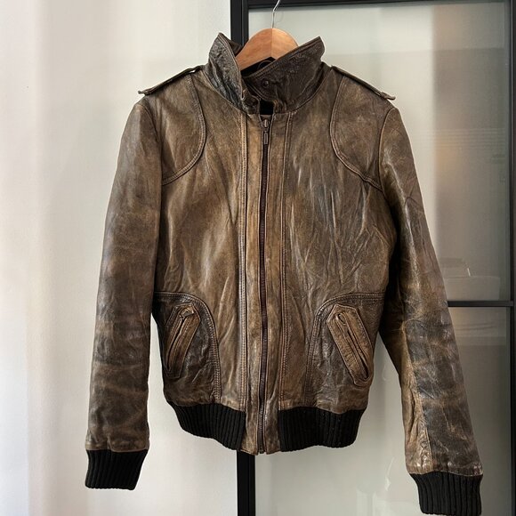 Zara Leather Bomber Jacket Olive-Brown, Medium - Picture 2 of 3